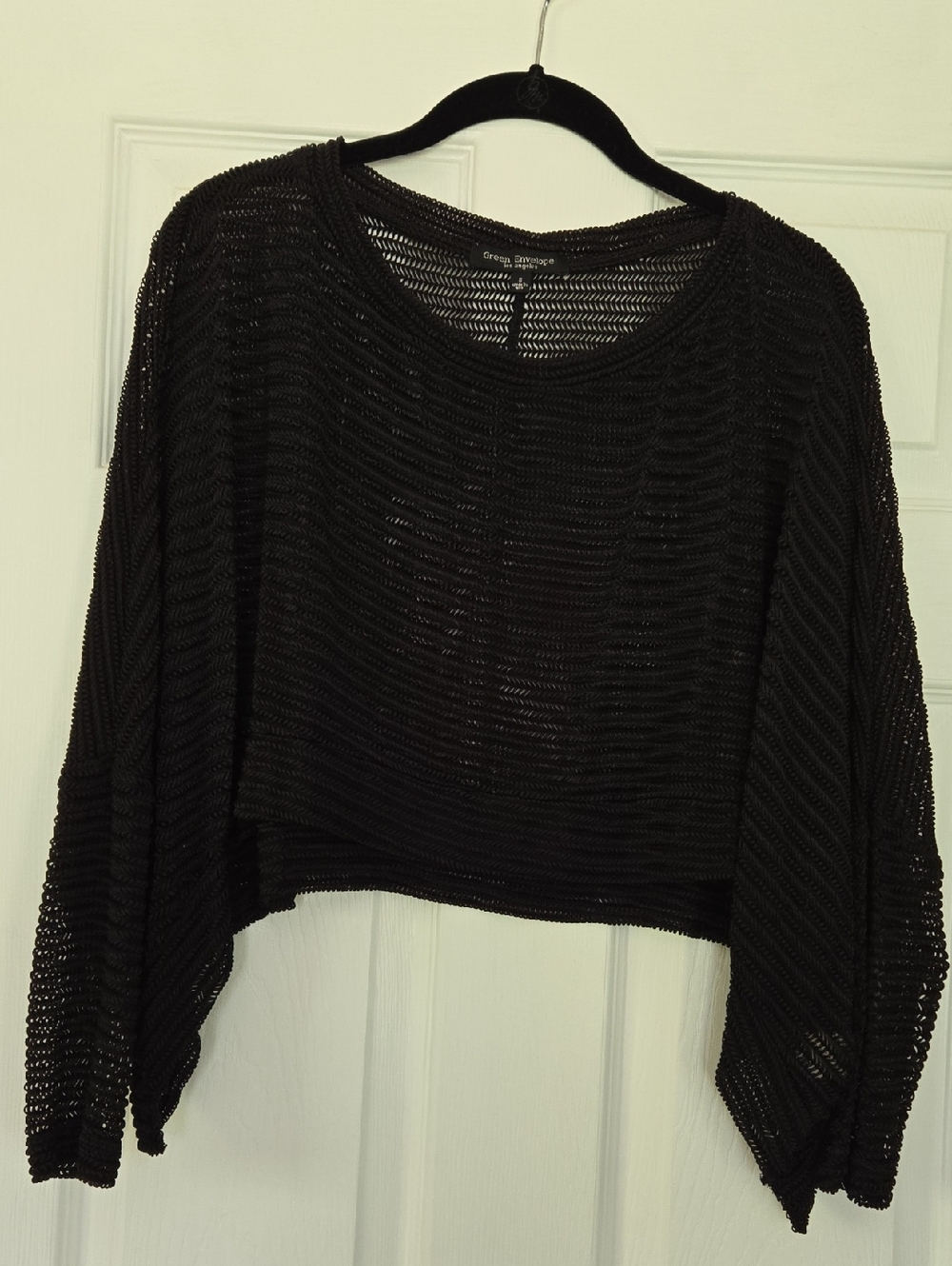 Green Envelope Black Open-Weave Cropped Sweater
